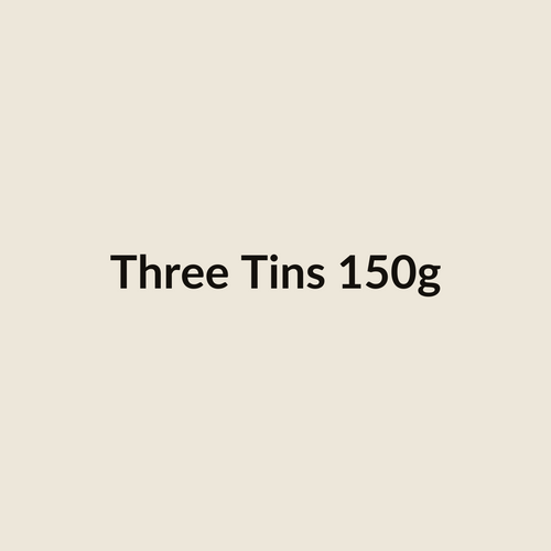 Three 150g tins: Sheng Pu-erh, Da Hong Pao, Aged Shou Mei (placeholder)